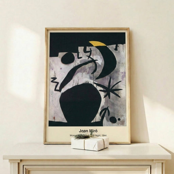 Contemplative abstract poster showcasing ethereal figures of a woman and birds set against a dreamy night sky palette of blues, blacks, and cream tones.
