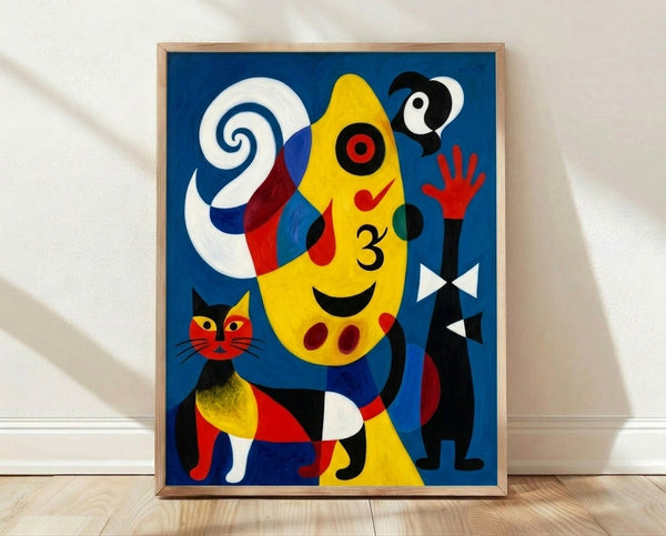 Abstract framed poster of a woman and dog silhouetted against a large moon in surreal blues, blacks, and cream tones.