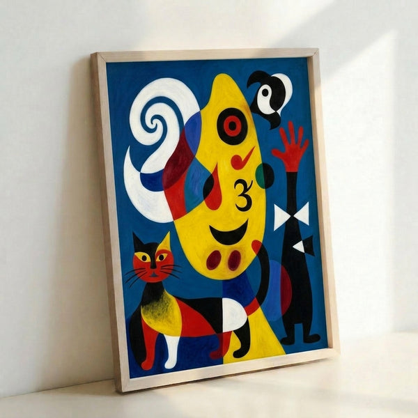 Modern poster art showing a woman and dog in abstract forms against a luminous moon, with a dreamy palette of deep blues and creams.