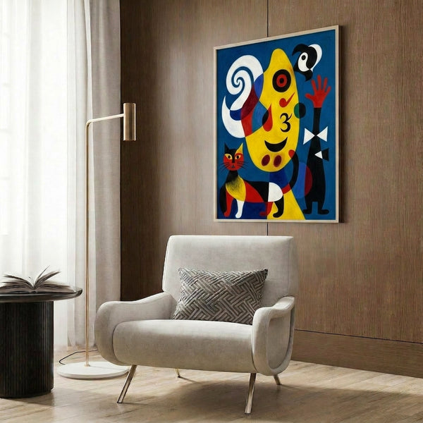 Abstract wall art print of a woman and dog silhouette with a prominent moon, featuring cool blue hues and cream backgrounds.