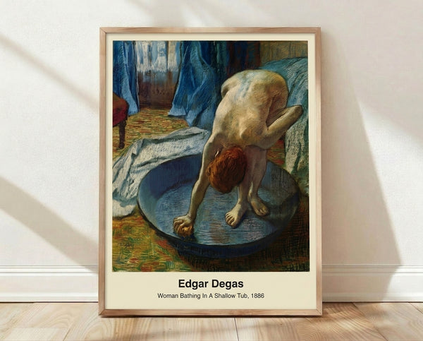 Impressionist painting of a woman bathing in a shallow tub, rendered in soft blues, creams, and ochre tones with a contemplative, intimate mood.