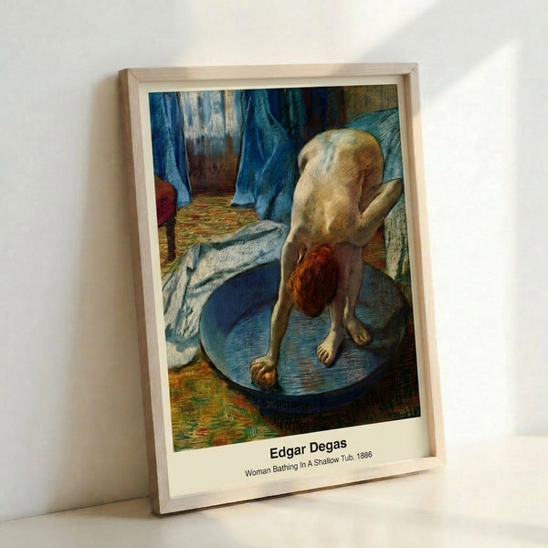 Vintage impressionist poster showing a woman at her bath in a shallow tub, painted in soft, delicate colors of blue, ochre, and cream.
