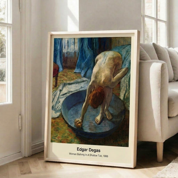 Impressionist masterpiece featuring a woman in a shallow tub captured in a moment of quiet repose, rendered in luminous blues and ochre hues.