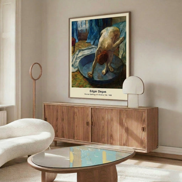 Contemplative impressionist portrait of a figure at her bath in shallow water, framed poster in naturalistic soft blues, creams, and warm grays.