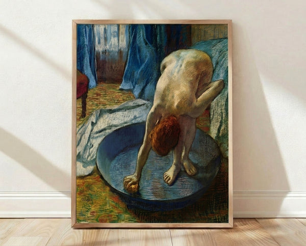 Impressionist painting of a woman bathing in a shallow tub, rendered in soft pastels and muted earth tones, capturing an intimate domestic moment with delicate brushwork.