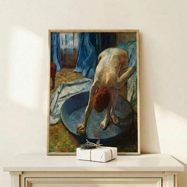 Impressionist wall art featuring a bathing figure in muted pastels and warm hues, displayed as a framed print evoking timeless domestic elegance.