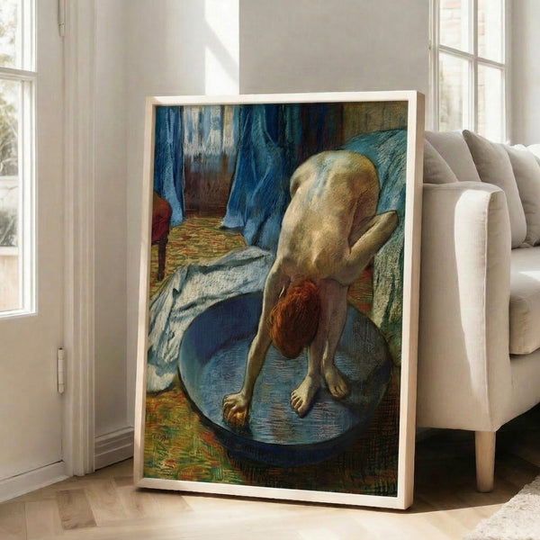Classical impressionist painting of a woman at her bath, rendered in soft palettes of cream, blue, and ochre with the intimate, observational quality of period figure studies.