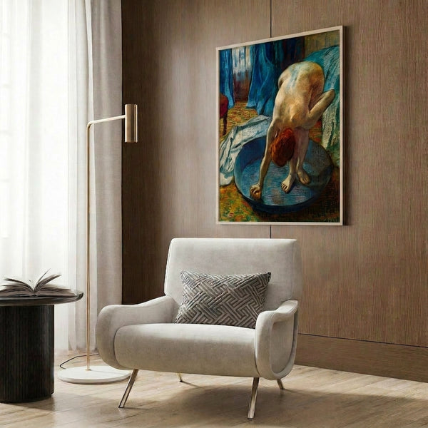 Framed fine art poster depicting an impressionist bathing scene with delicate color harmonies of pale blues, warm neutrals, and subtle shadows capturing a private moment.
