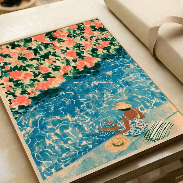 Coastal-inspired framed art print depicting a woman beneath a blooming bougainvillea canopy in coral and pink hues, gazing toward deep teal water, capturing vintage romance and seaside tranquility.