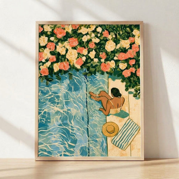 Modern minimalist framed poster of a woman relaxing by a swimming pool surrounded by coral and golden roses, rendered in soft teal, cream, and forest green tones.