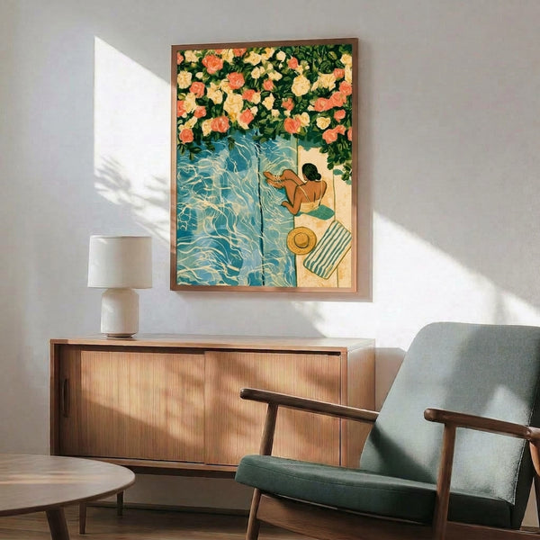 Coastal wall art print depicting a serene woman in a pool with blooming roses and sun hat, featuring warm coral accents against cool teal and cream hues in minimalist style.