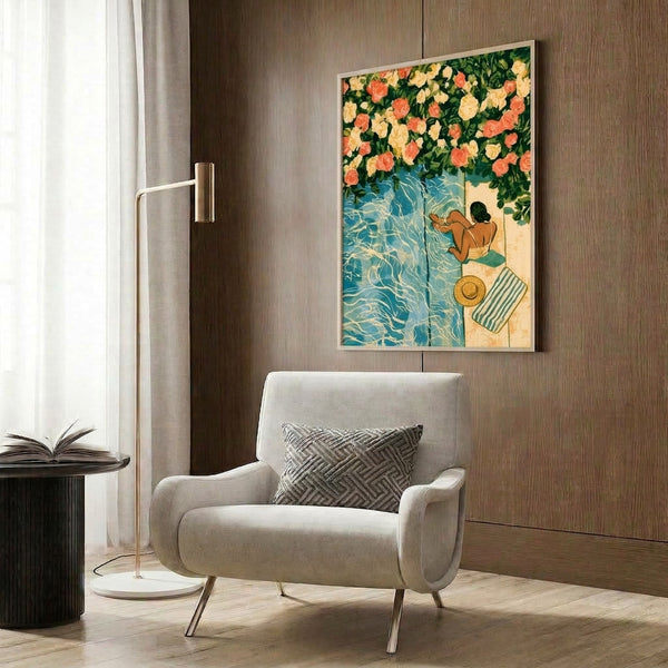 Framed contemporary art print of a peaceful poolside scene with a woman swimmer, vibrant roses, and towel in coral, golden yellow, and soft teal palette.