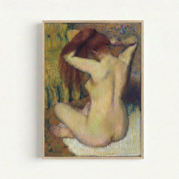 Vintage-inspired art print showing an intimate portrait of a figure grooming her hair, rendered in muted ochres and grays with loose, atmospheric technique.