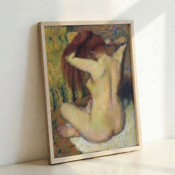 Faceless portrait of a woman with her arm raised while combing her hair, painted in gentle impressionist tones of cream, tan, and shadow.