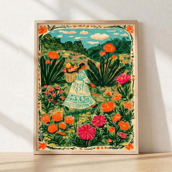 Framed folk art poster featuring a woman in traditional dress gathering colorful flowers into a basket among cacti and desert blooms beneath a turquoise sky with soft clouds.