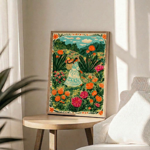 Whimsical cottagecore wall art print depicting a peaceful pastoral scene of a woman surrounded by magenta and coral flowers in a lush garden landscape with forest green vegetation.