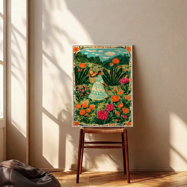 Vintage-style folk art print showing a serene woman in a garden setting with vibrant turquoise, coral, and magenta flowers, cream-colored elements, and a dreamy clouded sky.