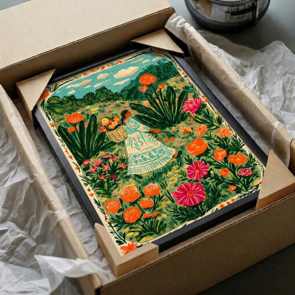 Nostalgic folk art framed poster of a woman picking flowers in a tranquil botanical garden scene rendered in warm corals, cool turquoise tones, and rich forest greens.