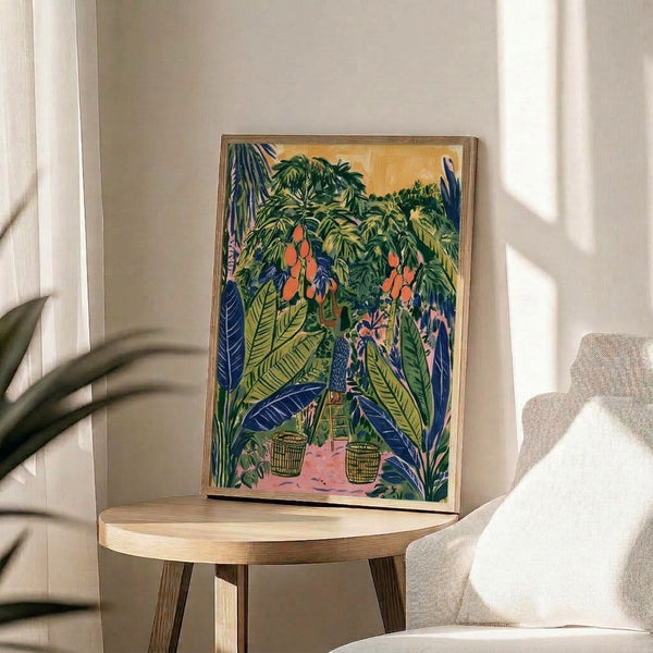 Japandi-style poster depicting a serene domestic harvest scene with a figure among flourishing mango trees and botanical elements, painted in a modern palette of warm earth tones, navy, and vibrant greens.