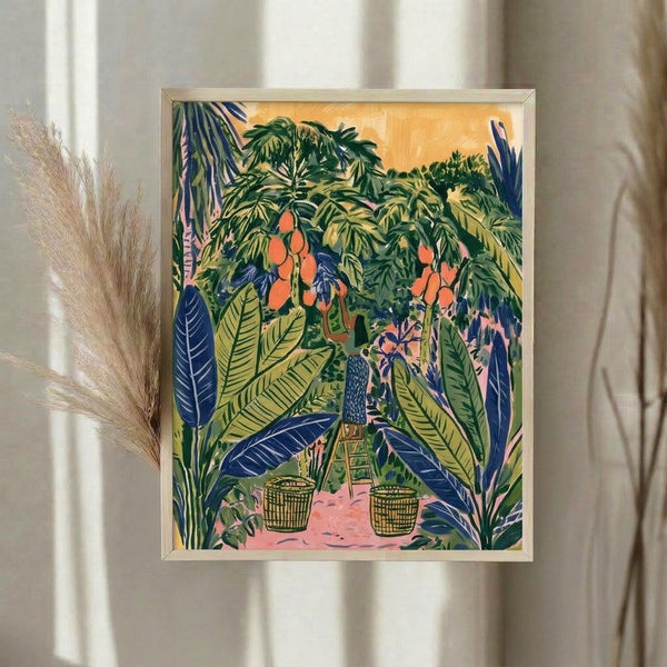 Warm and nurturing wall art showing a woman gathering fruit from an abundant mango tree in a garden setting, blending boho and minimalist aesthetics with soft coral, yellow, and forest green hues.