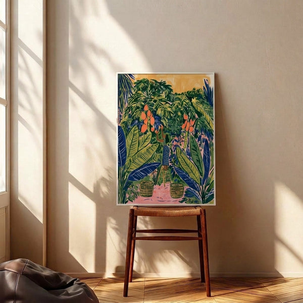 Peaceful tropical garden poster featuring a figure harvesting mangoes amid leafy trees and plants, framed in a cozy, nature-inspired design that combines modern boho and Japandi styles with a calming warm color scheme.