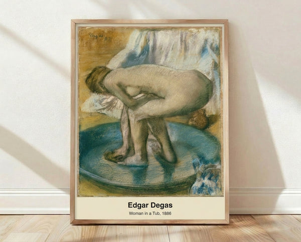 Impressionist watercolor painting of a woman bathing in a tub, rendered in soft red, cream, blue-gray, and ochre tones, framed as a poster in an interior setting.