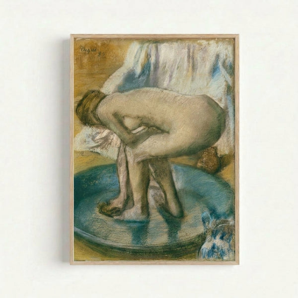 Degas-inspired intimate portrait of a figure in a bathtub, capturing a candid moment in muted impressionist colors, displayed as a framed art print on a wall.