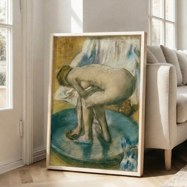 Impressionist bathing scene with a solitary figure rendered in soft cream, red, and blue-gray hues, a framed fine art print evoking intimate candor.