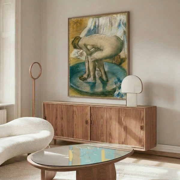 Soft impressionist watercolor depicting a private bathing moment, its palette of warm and cool tones creating introspective mood, displayed as a framed interior art print.