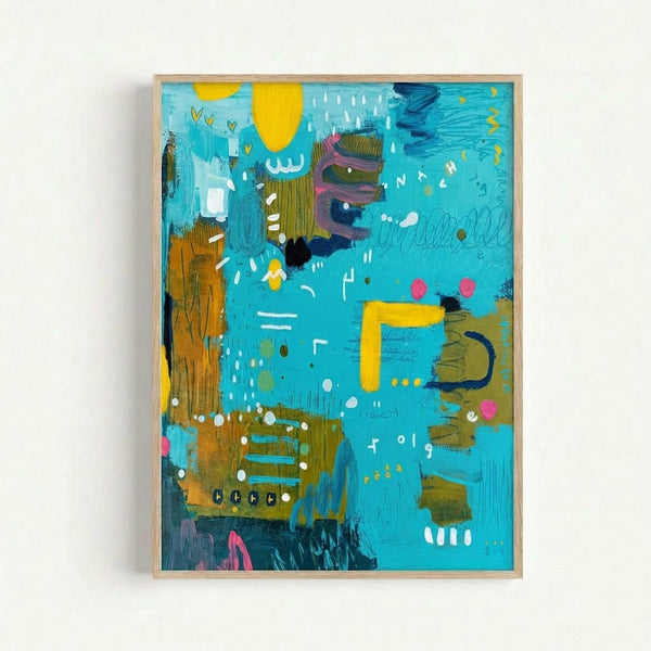 Modern abstract art print featuring a contemplative female figure rendered in cool blues and warm earth tones with bold black outlines in minimalist style.