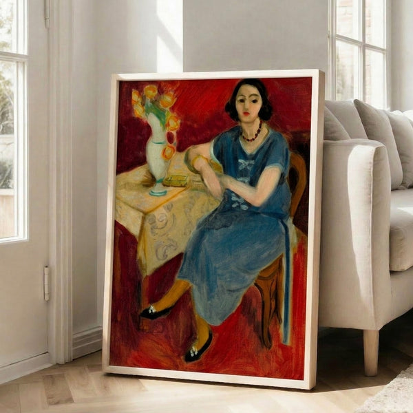 Abstract portrait poster of a woman in blue and ochre tones with refined black lines, capturing an elegant and meditative mood through minimalist composition.