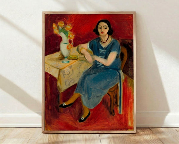 Matisse Woman in Blue framed poster featuring abstract figure in vibrant blue tones with bold geometric shapes and peaceful, contemplative mood.