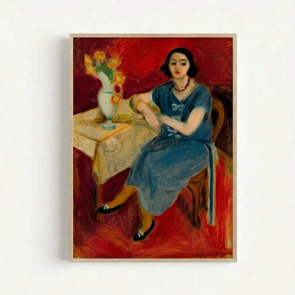 Abstract art print of a woman rendered in striking blue hues with simplified forms characteristic of Matisse's modern style.