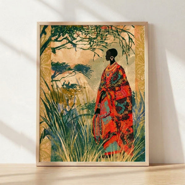 Vintage Art Nouveau portrait of a Maasai woman adorned with beaded jewelry, surrounded by stylized forest green foliage and warm cream tones, framed on a wall.