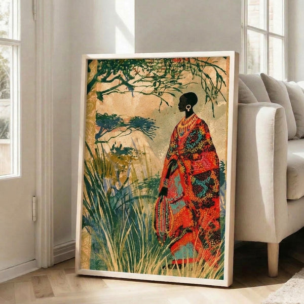 Folk art print featuring a contemplative Maasai woman figure wearing traditional beads, with burnt orange and coral accents amid lush botanical elements in an Art Nouveau style.