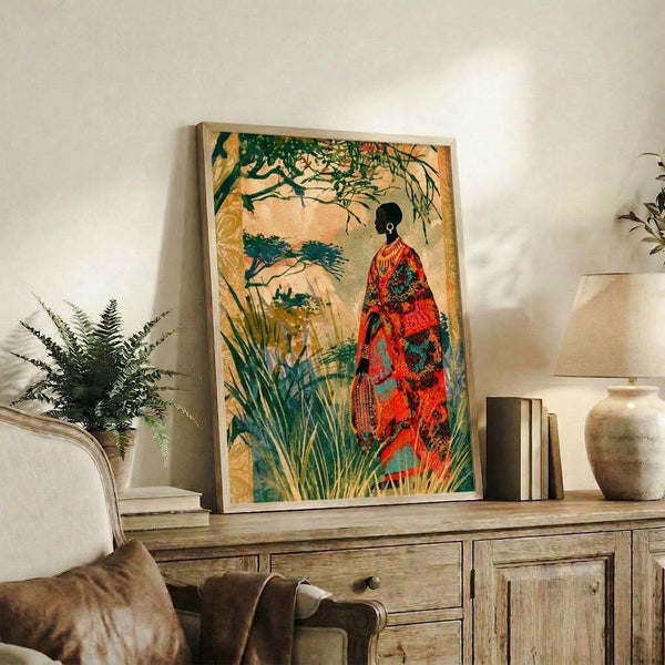 Boho-inspired framed poster showing a serene Maasai woman portrait with ornate beadwork, set against cream and forest green flora with warm gold and coral highlights.