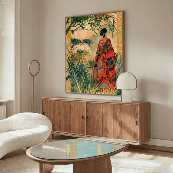 Vintage-style wall art depicting a peaceful Maasai woman surrounded by decorative plants and trees, rendered in Art Nouveau folk art with a rich palette of earth tones and gold accents.