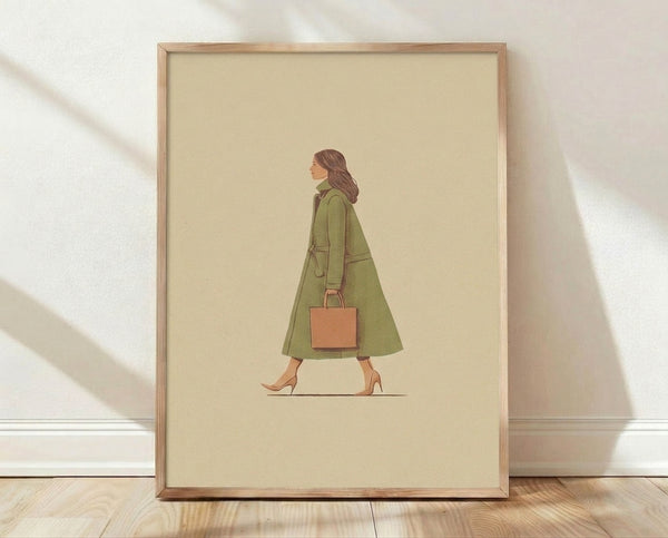 Minimalist line art poster of a sophisticated woman in a sage green coat and heels, carrying a handbag, rendered in cream and neutral tones with elegant simplicity.