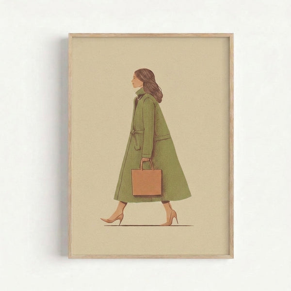 Framed modern art print depicting a poised woman wearing a sage green coat, illustrated in contemporary line art style with a cream and tan color palette.