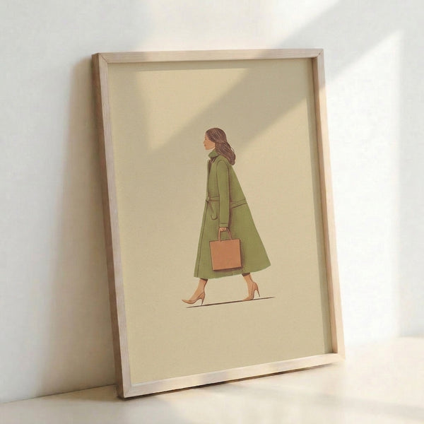 Contemporary line drawing of a woman in sage green coat and heels with handbag, featuring minimalist elegance in cream, sage, and warm brown tones.