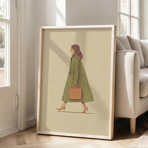 Sophisticated fashion illustration in Japandi style showing a woman in sage green coat, rendered as framed wall art in neutral cream and earth tones.