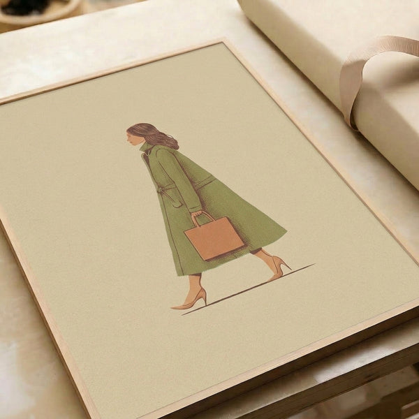 Chic line art wall print portraying a poised woman in sage green coat with handbag and heels, executed in a minimalist aesthetic with cream and sage palette.