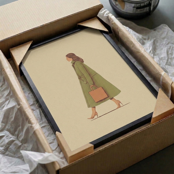 Framed minimalist fashion illustration of a woman in sage green coat, rendered with elegant linework in sophisticated cream, tan, and muted green tones.