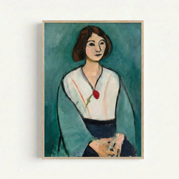 Woman In Green Matisse print featuring expressive brushstrokes and a striking emerald-toned portrait in contemporary frame.