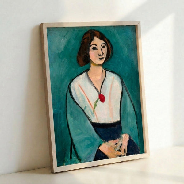 Modern abstract portrait art print showing a woman's face in green and warm tones, Matisse fauve painting style.