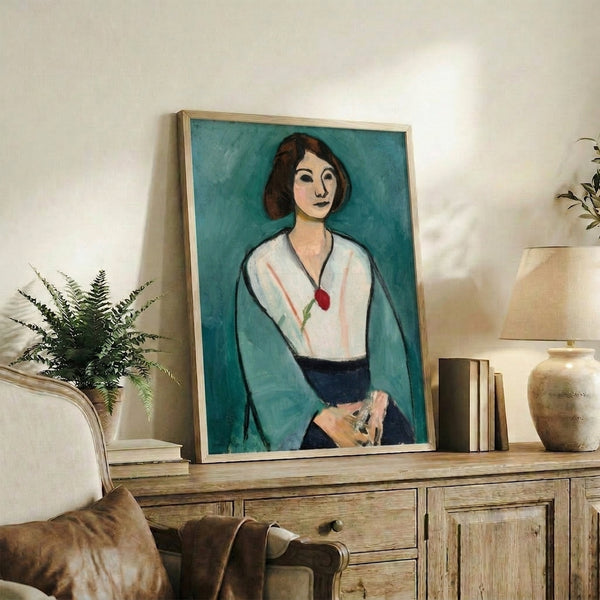 Contemporary art print of a portrait in green with characteristic Matisse modernist color and loose brushwork technique.