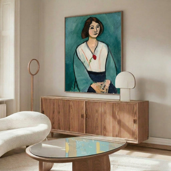 Framed poster featuring a woman's face rendered in vibrant green tones with Matisse's distinctive expressive style.