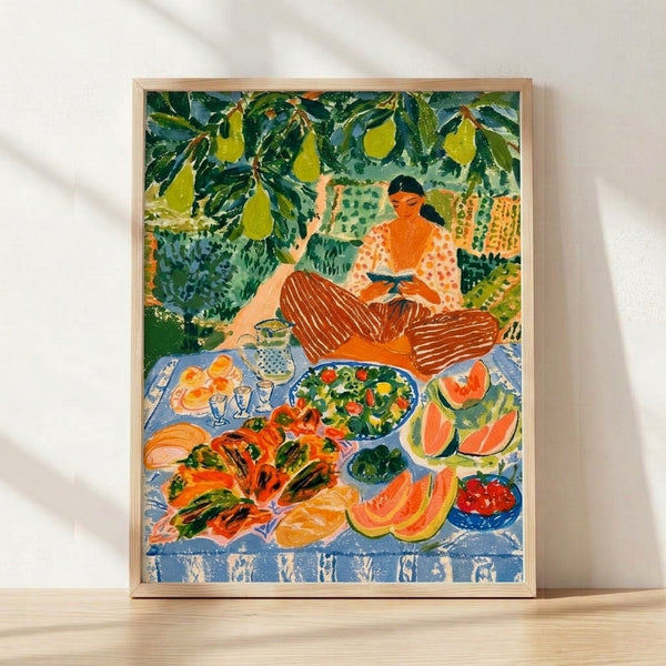 Art Nouveau poster depicting a serene woman reading beneath pear trees at a garden picnic, surrounded by fresh fruit and a table setting in forest green, golden yellow, and terracotta tones.