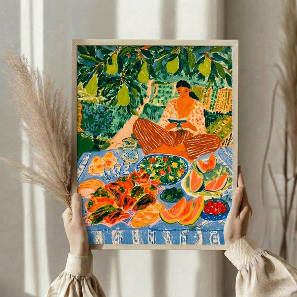 Cottage-core inspired art print showing a woman engrossed in a book at a pastoral fruit garden picnic, with pear trees and golden afternoon light in soft, muted colors.
