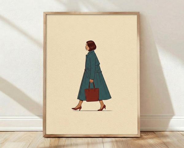 Framed retro illustration of a sophisticated woman wearing a teal coat and burgundy accessories, minimalist vintage style poster in cream and brown tones.